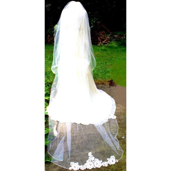 Vtg 80s Ivory Wedding Dress Veil Hi Neck Bead Sheer Cuffed Train Victorian Goth - Picture 10 of 16